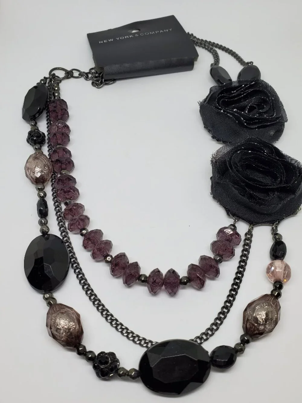 Black Organza Flower Purple Beaded Statement Triple Strand Statement Necklace